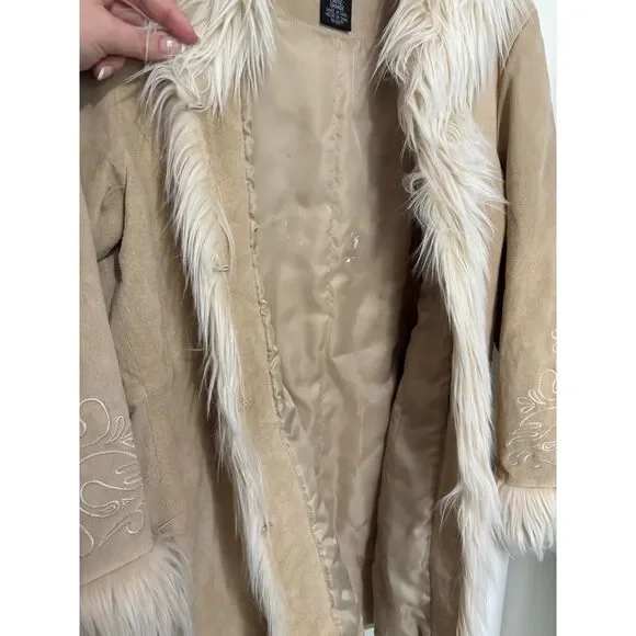 Mixit Suede Leather Faux Fur Coat Western Boho Y2K Vintage Jacket Petite L - Picture 9 of 11